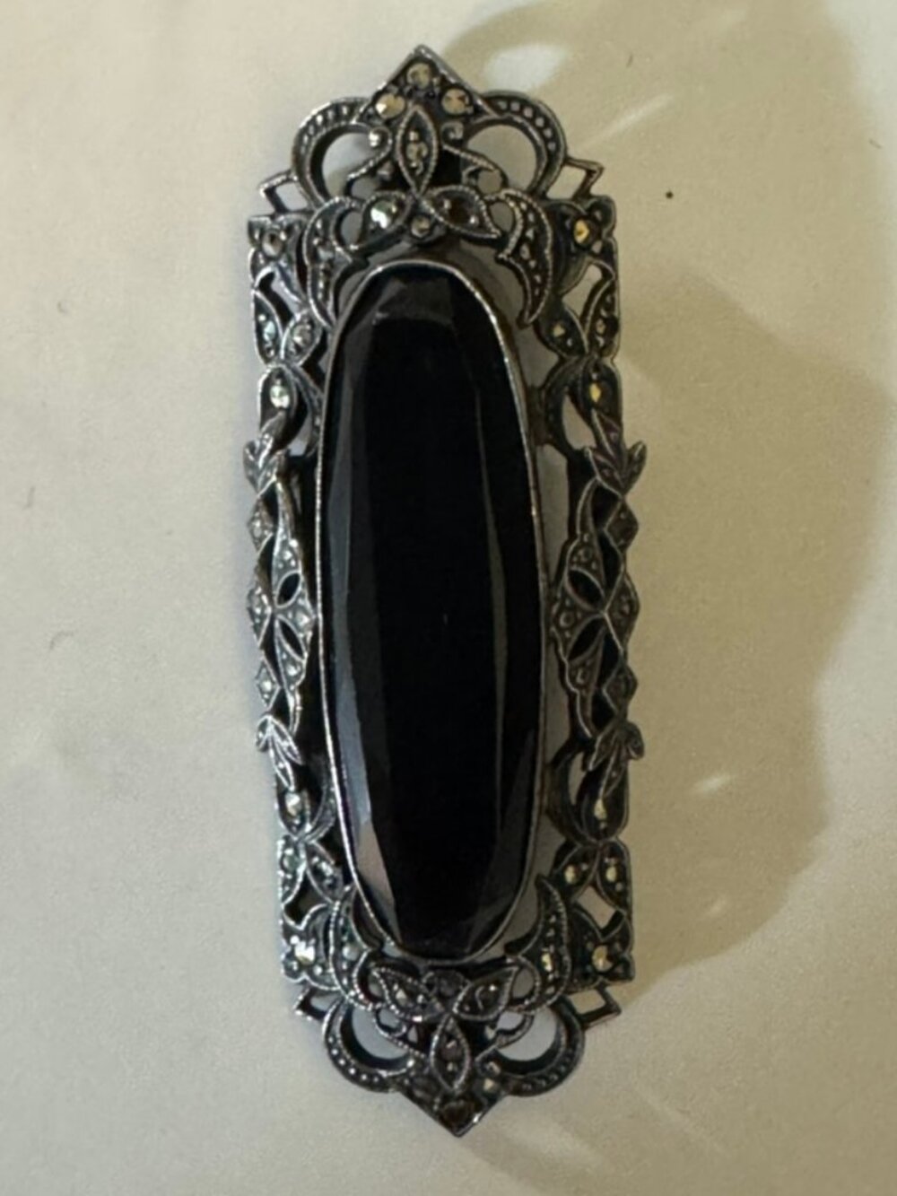 Vintage Silver Marcasite Rectangular Brooch & Oval Black Onyx Stone- 2" Long EUC